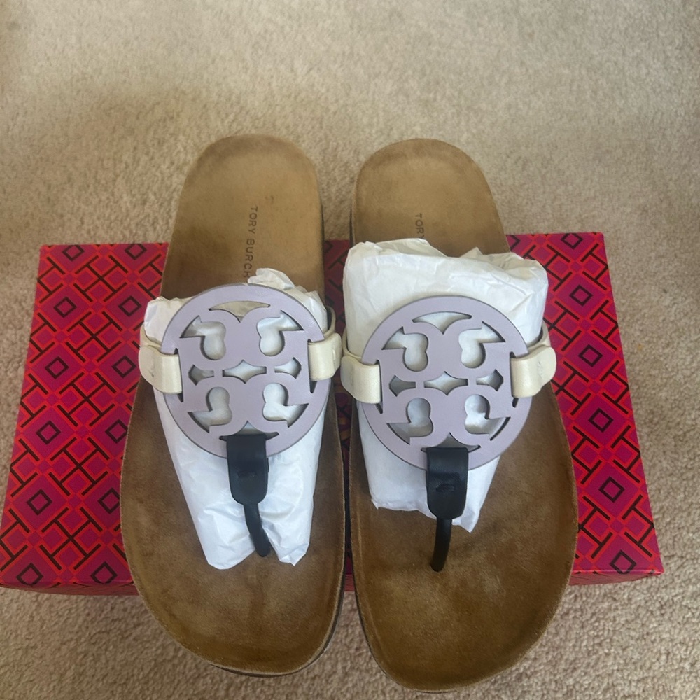 Tory Burch Pink and Cream Slide Sandals